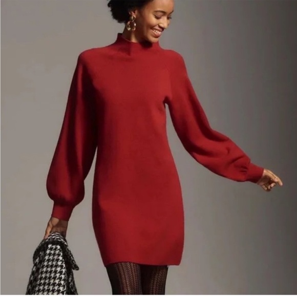 Maeve Beatriz Red Mock Neck Balloon Sleeve Sweater Dress - Picture 1 of 7